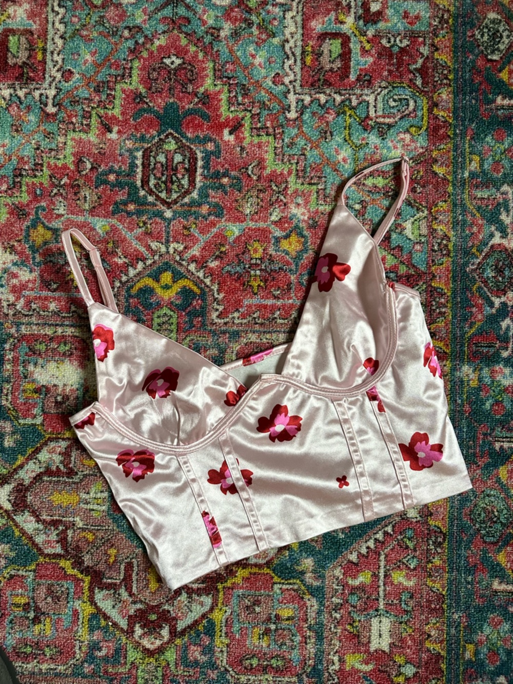 SHEIN Pink Satin Floral Crop Slip with Red Floral Motif
